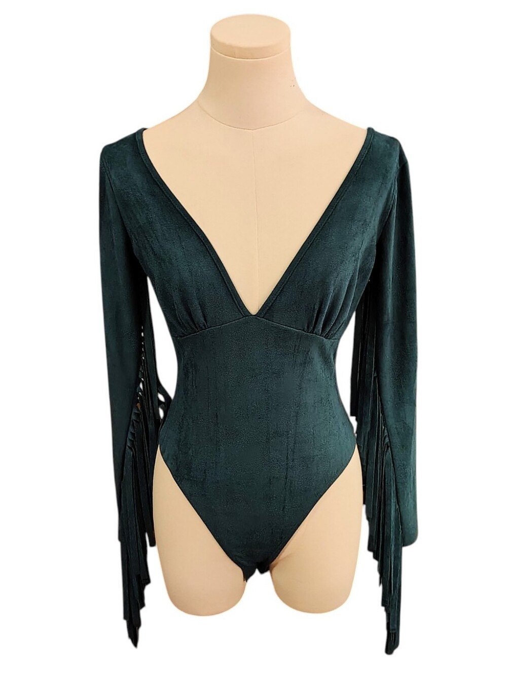 Blue Buttercup Faux Suede Forest Green Fringe Plunging Bodysuit Size Small